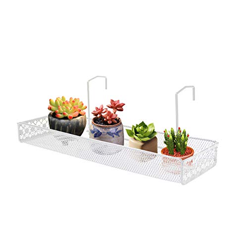 Chris.W Iron Hanging Shelf Basket with Hooks Balcony Succulent Plants Mini Flower Pot Holder Railing Shelf, for Patio Porch or Fence (White)-Small