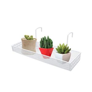 Chris.W Iron Hanging Shelf Basket with Hooks Balcony Succulent Plants Mini Flower Pot Holder Railing Shelf, for Patio Porch or Fence (White)-Small