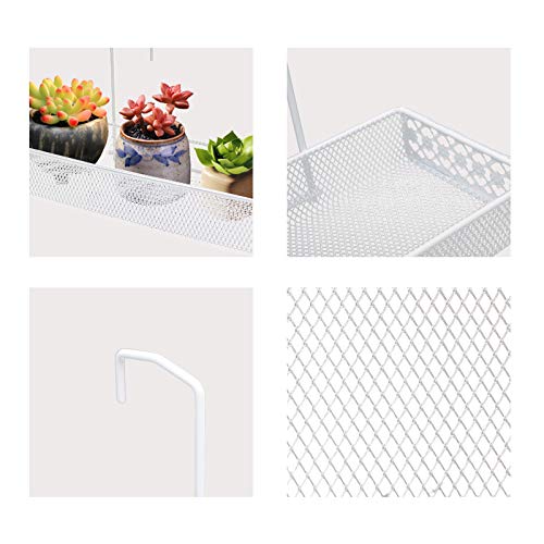 Chris.W Iron Hanging Shelf Basket with Hooks Balcony Succulent Plants Mini Flower Pot Holder Railing Shelf, for Patio Porch or Fence (White)-Small