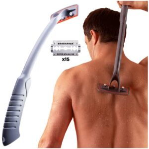 bro shaver, back shaver for men (diy) back & body hair trimmer. shave wet or dry. no expensive refills - uses double edge razor blades. 15 blades included. ergonomic handle