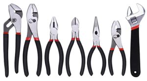 fastpro 7-piece utility pliers and wrench set, includes slip joint pliers, long nose pliers, diagonal pliers, groove joint pliers, linesman pliers and adjustable wrench, dipped handle