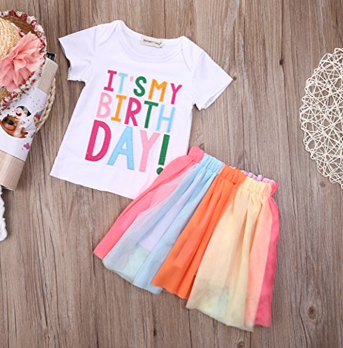 Girls'It's My Birthday Print Shirt Tutu Skirt Dress Outfit Set (White+Pink a, 4-5 Years)
