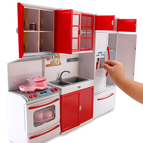 Liberty Imports Gourmet Red Doll Modern Kitchen Mini Toy Playset with Lights and Sounds, Perfect for 12 Inch Dolls