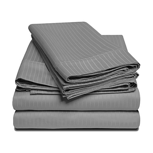 SUPERIOR 1000-Thread, Grey, 4-Pieces Egyptian Cotton 1000 Thread Count Oversized California King Sheet Set Stripe