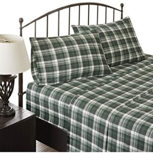 woolrich flannel 100% cotton sheet set warm soft bed sheets with 14" elastic pocket, cabin lifestyle, cold season cozy bedding set, matching pillow case, queen, green plaid, 4 piece
