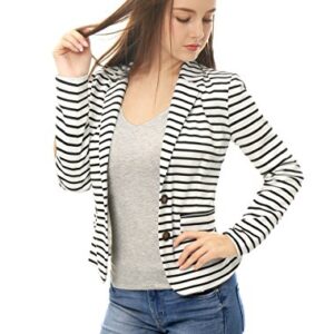 Allegra K Women's Notched Lapel Pocket Button Closure Striped Blazer Small White