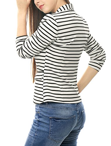 Allegra K Women's Notched Lapel Pocket Button Closure Striped Blazer Small White