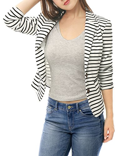 Allegra K Women's Notched Lapel Pocket Button Closure Striped Blazer Small White