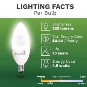 Bioluz LED 6 Pack 40 Watt Candelabra Bulbs 4.5W Dimmable Candelabra LED Bulbs C37 E12 Base 325 lumens,120° Beam Angle 3000K Soft White LED Candle Bulbs UL Listed Pack of 6