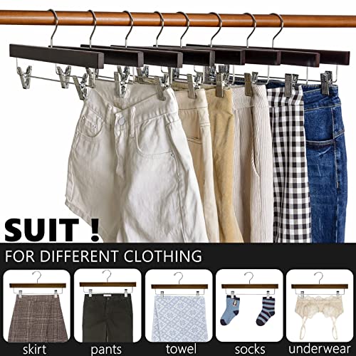 Amber Home Walnut Wooden Pants Skirts Hangers 10 Pack, Solid Wood Trousers Bottom Hanger with 2-Adjustable Clips, Clip Hangers for Slacks, Jeans, Shorts (Walnut, 10)