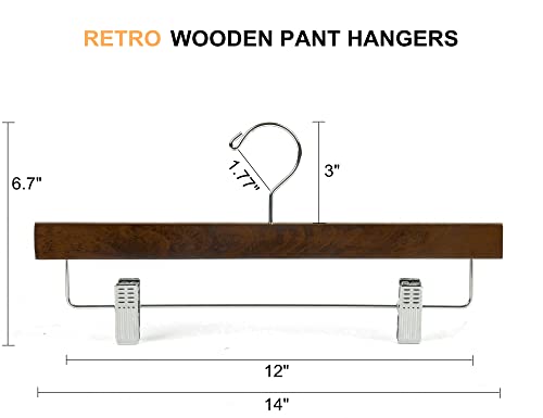 Amber Home Walnut Wooden Pants Skirts Hangers 10 Pack, Solid Wood Trousers Bottom Hanger with 2-Adjustable Clips, Clip Hangers for Slacks, Jeans, Shorts (Walnut, 10)