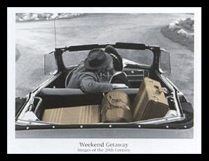 buyartforless framed weekend getaway, images of the 20th century 32x24 art print poster vintage black and white romantic couple love kissing in car