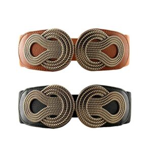 vochic 2pcs vintage metal interlock buckle wide elastic waist belt womens basic stretchy cinch,black+brown,small(25.39"- 39.37")