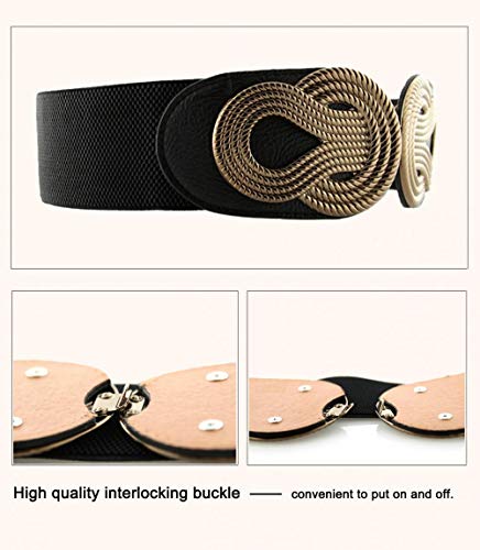 VOCHIC 2pcs Vintage Metal Interlock Buckle Wide Elastic Waist Belt Womens Basic Stretchy Cinch,Black+brown,Small(25.39"- 39.37")