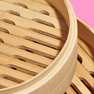 Reishunger Bamboo Steamer Handmade Basket, Traditional 2-Tier Design - 10 Inch - for Dumplings, Rice, Dim Sum, Vegetables, Fish and Meat - Incl. 2 Cotton Cloths