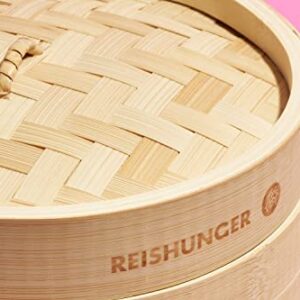 Reishunger Bamboo Steamer Handmade Basket, Traditional 2-Tier Design - 10 Inch - for Dumplings, Rice, Dim Sum, Vegetables, Fish and Meat - Incl. 2 Cotton Cloths