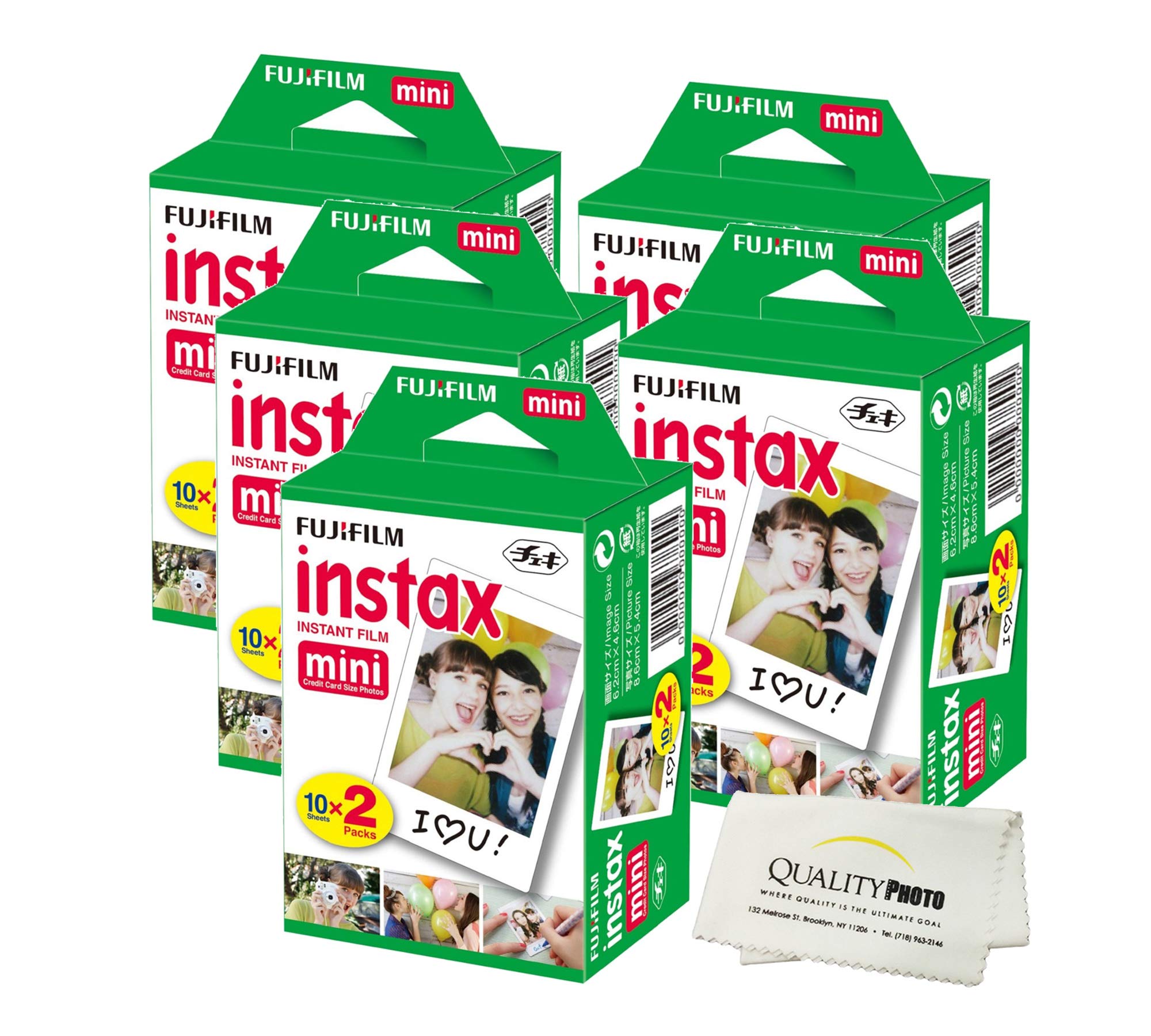 Fujifilm INSTAX Mini Instant Film (White) For Fujifilm Mini 8 & Mini 9 Cameras w/ Microfiber Cloth by Quality Photo (100 Film Sheets)