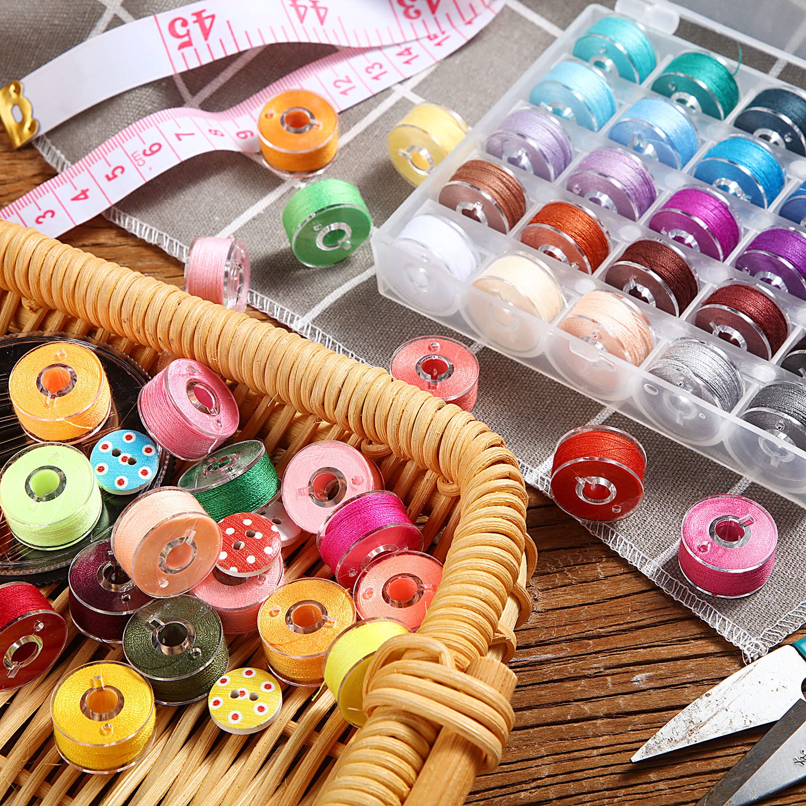 Prewound Thread Bobbins with Bobbin Box for Brother, Babylock, Janome, Elna, Singer, Assorted Colors, 50 Pieces