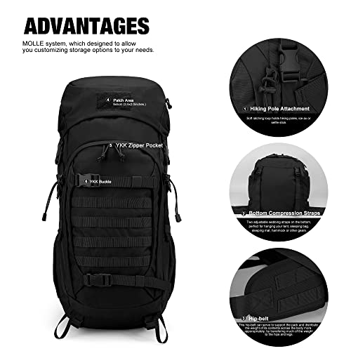 Mardingtop 50 Liter Internal Frame Backpack with Rain Cover for Military Camping Hiking Traveling Black-M5973