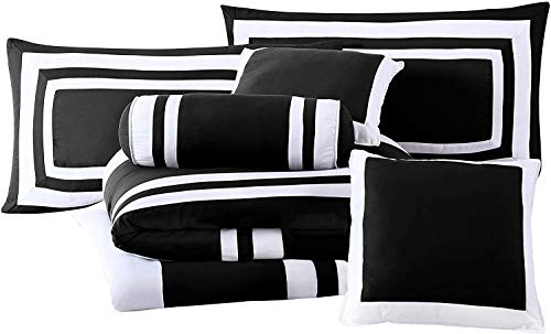 Chezmoi Collection 7-Piece Caprice Black/White Square Pattern Hotel Bedding Comforter Set, California King