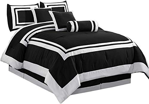 Chezmoi Collection 7-Piece Caprice Black/White Square Pattern Hotel Bedding Comforter Set, California King