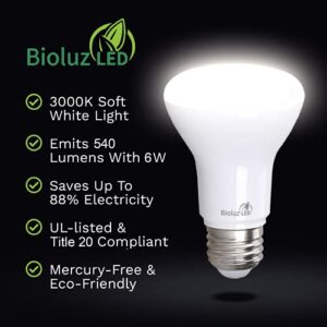 Bioluz LED 4 Pack BR20 LED Bulb 3000K Bright Soft White 6W = 50 Watt Replacement 90 CRI 540 Lumen Indoor/Outdoor UL Listed CEC Title 20 Compliant (Pack of 4)