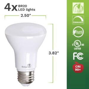 Bioluz LED 4 Pack BR20 LED Bulb 3000K Bright Soft White 6W = 50 Watt Replacement 90 CRI 540 Lumen Indoor/Outdoor UL Listed CEC Title 20 Compliant (Pack of 4)