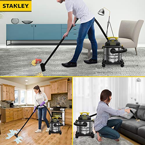 Stanley SL18115 Wet/Dry Vacuum, 4 Horsepower, Stainless Steel Tank, 5 Gallon, 4.0 HP, 50" Sealed Pressure, Silver+Yellow