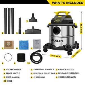 Stanley SL18115 Wet/Dry Vacuum, 4 Horsepower, Stainless Steel Tank, 5 Gallon, 4.0 HP, 50" Sealed Pressure, Silver+Yellow