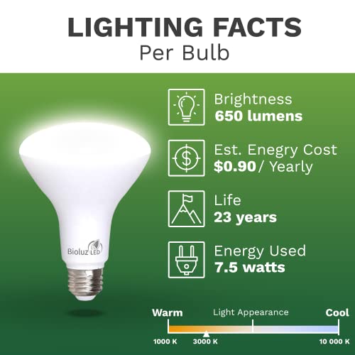 Bioluz LED 90 CRI BR30 LED Bulb 3000K Soft White 7.5W = 65 Watt Replacement 650 Lumen Dimmable Indoor/Outdoor Flood Light UL Listed Title 20 High Efficacy Lighting (Pack of 4)