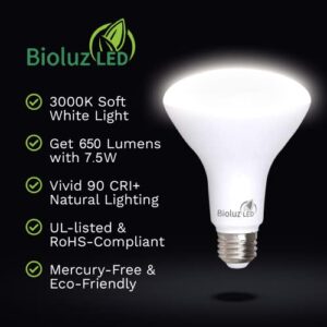 Bioluz LED 90 CRI BR30 LED Bulb 3000K Soft White 7.5W = 65 Watt Replacement 650 Lumen Dimmable Indoor/Outdoor Flood Light UL Listed Title 20 High Efficacy Lighting (Pack of 4)