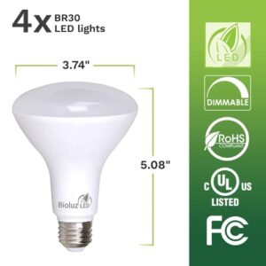 Bioluz LED 90 CRI BR30 LED Bulb 3000K Soft White 7.5W = 65 Watt Replacement 650 Lumen Dimmable Indoor/Outdoor Flood Light UL Listed Title 20 High Efficacy Lighting (Pack of 4)