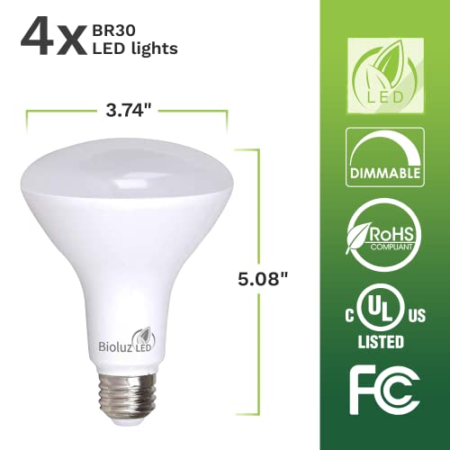 Bioluz LED 90 CRI BR30 LED Bulb 3000K Soft White 7.5W = 65 Watt Replacement 650 Lumen Dimmable Indoor/Outdoor Flood Light UL Listed Title 20 High Efficacy Lighting (Pack of 4)