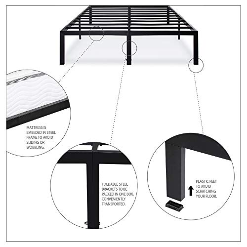 Olee Sleep 18 Inch Heavy Duty Steel Slat Anti-Slip Support, Easy Assembly Platform Bed frame, Noise Free Steel Mattress Foundation, Maximum Storage, No Box Spring Needed, Black, Queen Size