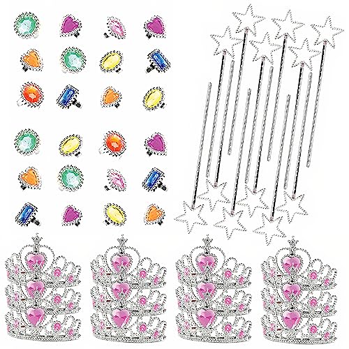Neliblu Princess Pretend Play Dress Up Set - 12 Tiaras, 12 Wands, 24 Rings, Costume Jewelry, Accessories for Girls Dress Up Party, Ages 3-5