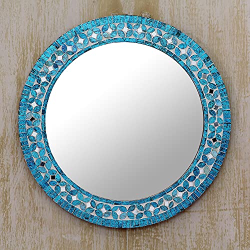 NOVICA Turquoise Blossom Glass Mosaic Wall Mirror