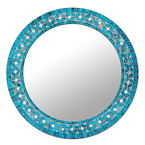 NOVICA Turquoise Blossom Glass Mosaic Wall Mirror