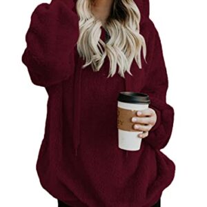 ReachMe Womens Oversized Sherpa Pullover Hoodie with Pockets Fuzzy Fleece Sweatshirt Tie Dye Fluffy Coat(A Burgundy,M)