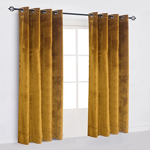 Cherry Home Super Soft Luxury Velvet Set of 2 Warm Yellow Blackout Velvet Energy Efficient Grommet Curtain Panel Drapes Ginger Mustard Curtain Panels 52Wx96L for Living Room