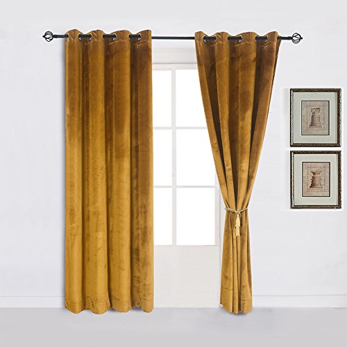 Cherry Home Super Soft Luxury Velvet Set of 2 Warm Yellow Blackout Velvet Energy Efficient Grommet Curtain Panel Drapes Ginger Mustard Curtain Panels 52Wx96L for Living Room