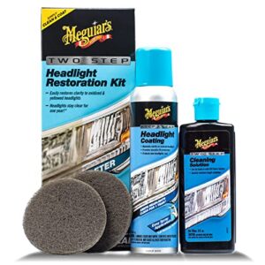 meguiar's two step headlight restoration kit, car detailing supplies for restoring and protecting clear headlight plastic, includes headlight coating and cleaning solution