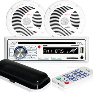 pyle marine stereo receiver speaker kit - in-dash lcd digital console built-in bluetooth & microphone 6.5” waterproof speakers (2) w/ mp3/usb/sd/aux/fm radio reader & remote control - pyle plcdbt65mrw