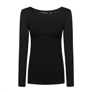 othread & co. women's long sleeve t-shirt scoop neck basic layer stretchy shirts (medium, black)