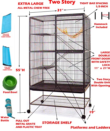 Extra Large Two Story Small Animal Cage Tight 1/2-Inch Bar Spacing for Feisty Ferret Chinchilla Rat Mice Squirrel Rabbit Sugar Glider with Rolling Stand