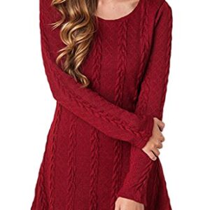 Women Fashion Cable Knitted Sweater Long Sleeve Crew Neck Pullover Dress Large WineRed