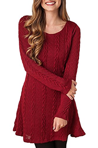 Women Fashion Cable Knitted Sweater Long Sleeve Crew Neck Pullover Dress Large WineRed