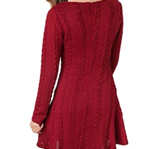 Women Fashion Cable Knitted Sweater Long Sleeve Crew Neck Pullover Dress Large WineRed