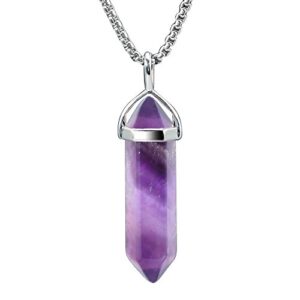 beadnova amethyst necklace gemstone crystal necklace for women healing stone pendant jewelry for men pendulum divination purple crystal hexagonal pendant (18 inches stainless steel chain)