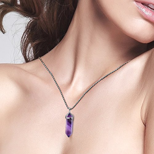 BEADNOVA Amethyst Necklace Gemstone Crystal Necklace for Women Healing Stone pendant Jewelry for Men Pendulum Divination Purple Crystal Hexagonal pendant (18 Inches Stainless Steel Chain)