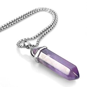 BEADNOVA Amethyst Necklace Gemstone Crystal Necklace for Women Healing Stone pendant Jewelry for Men Pendulum Divination Purple Crystal Hexagonal pendant (18 Inches Stainless Steel Chain)